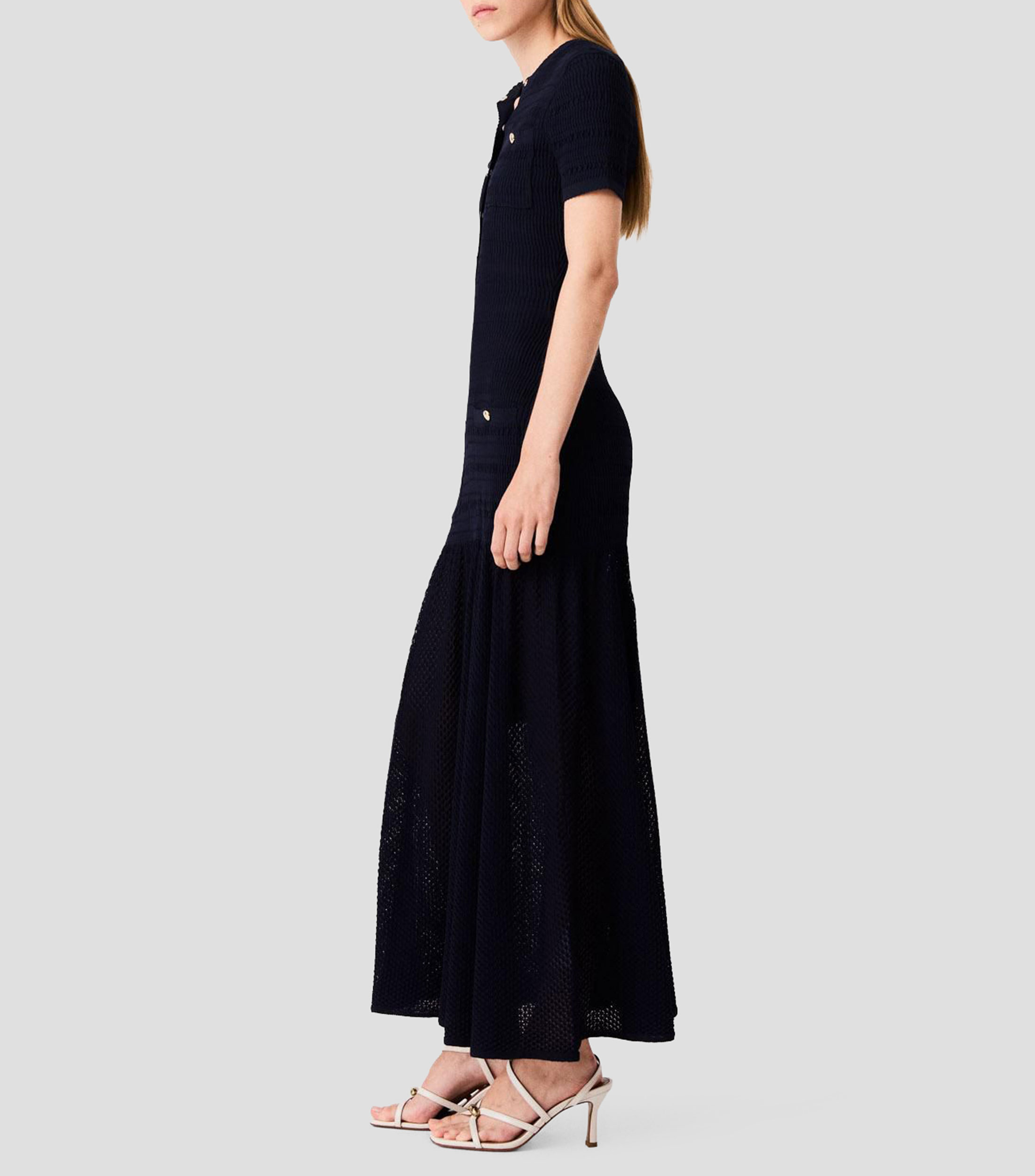 Vestido casual largo negro con botones metalizados Mujer